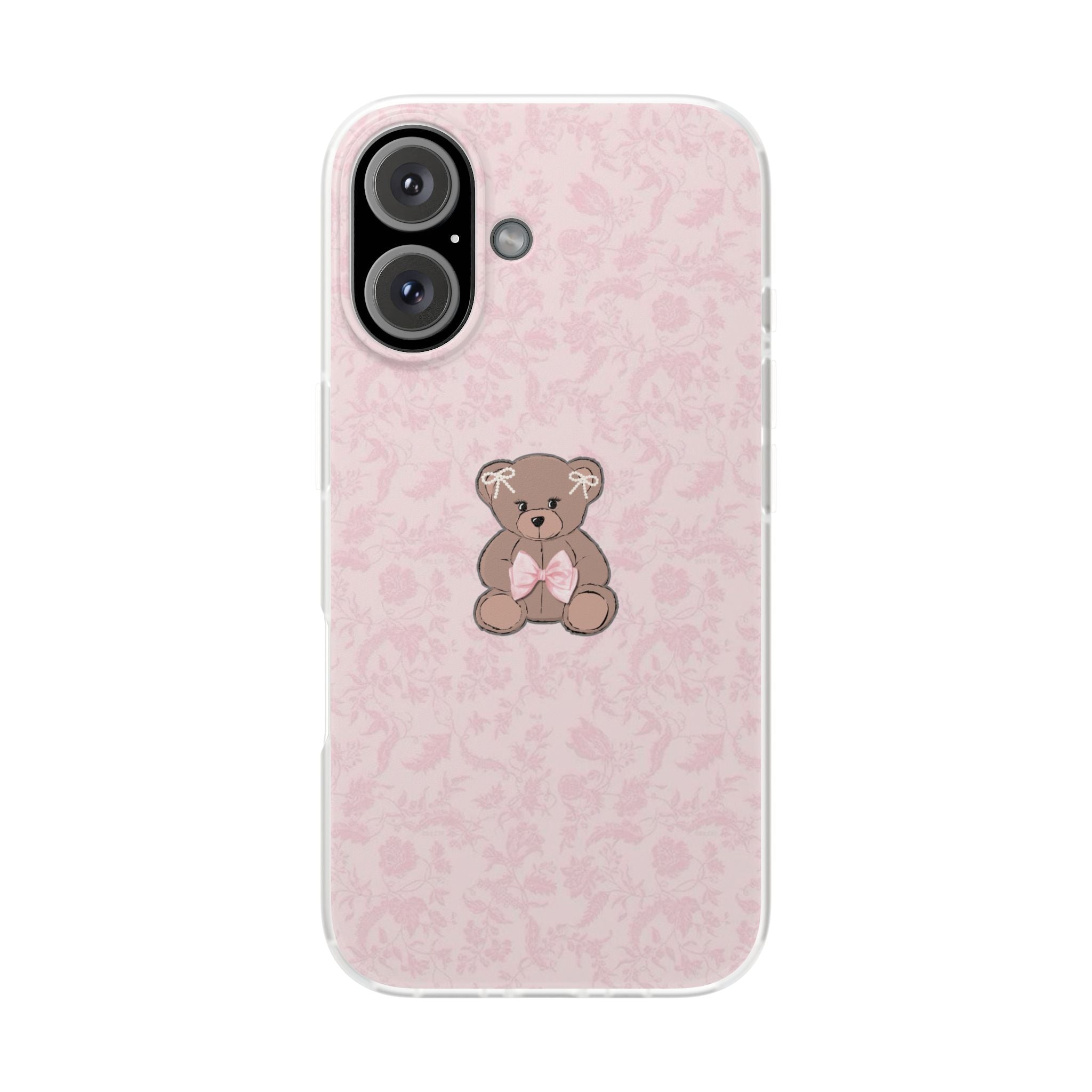 Cute Pink Teddy Bear Phone Case — Floral Pattern Flexible iPhone Cover