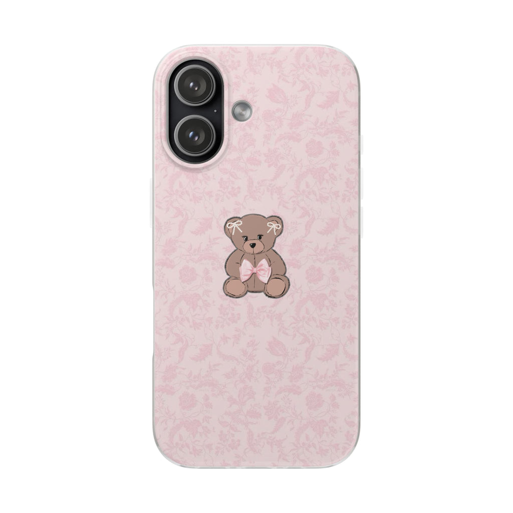 Cute Pink Teddy Bear Phone Case — Floral Pattern Flexible iPhone Cover