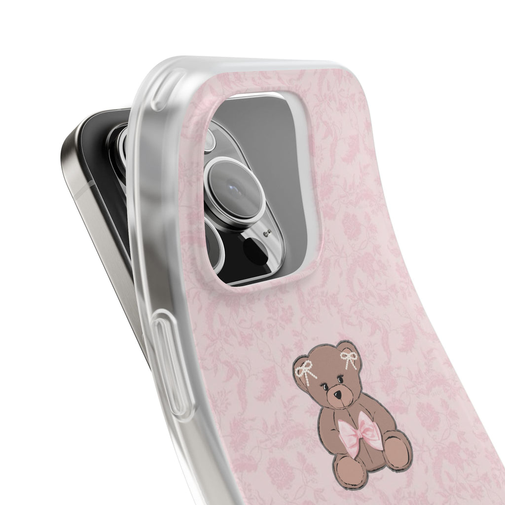 Cute Pink Teddy Bear Phone Case — Floral Pattern Flexible iPhone Cover