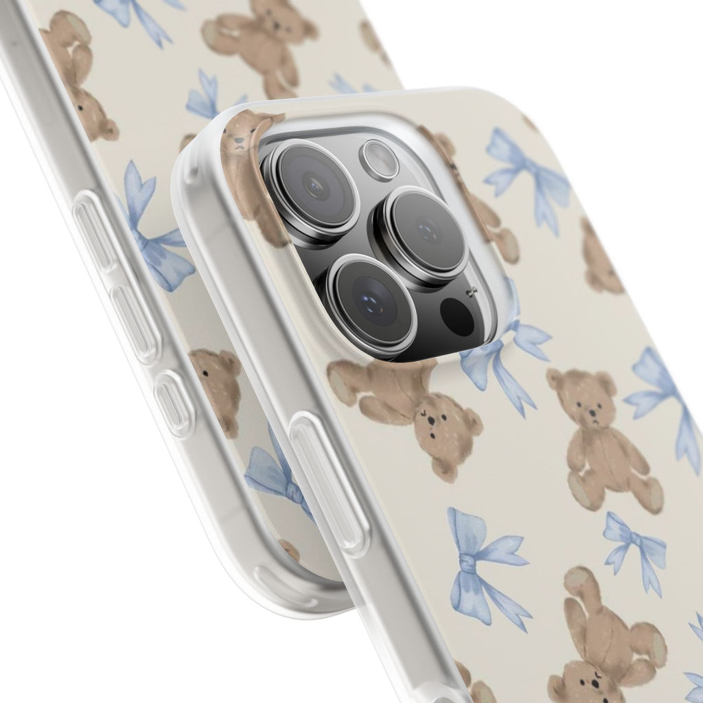 Teddy Bear Pattern Phone Case — Cute Blue Bow Baby Shower Gift