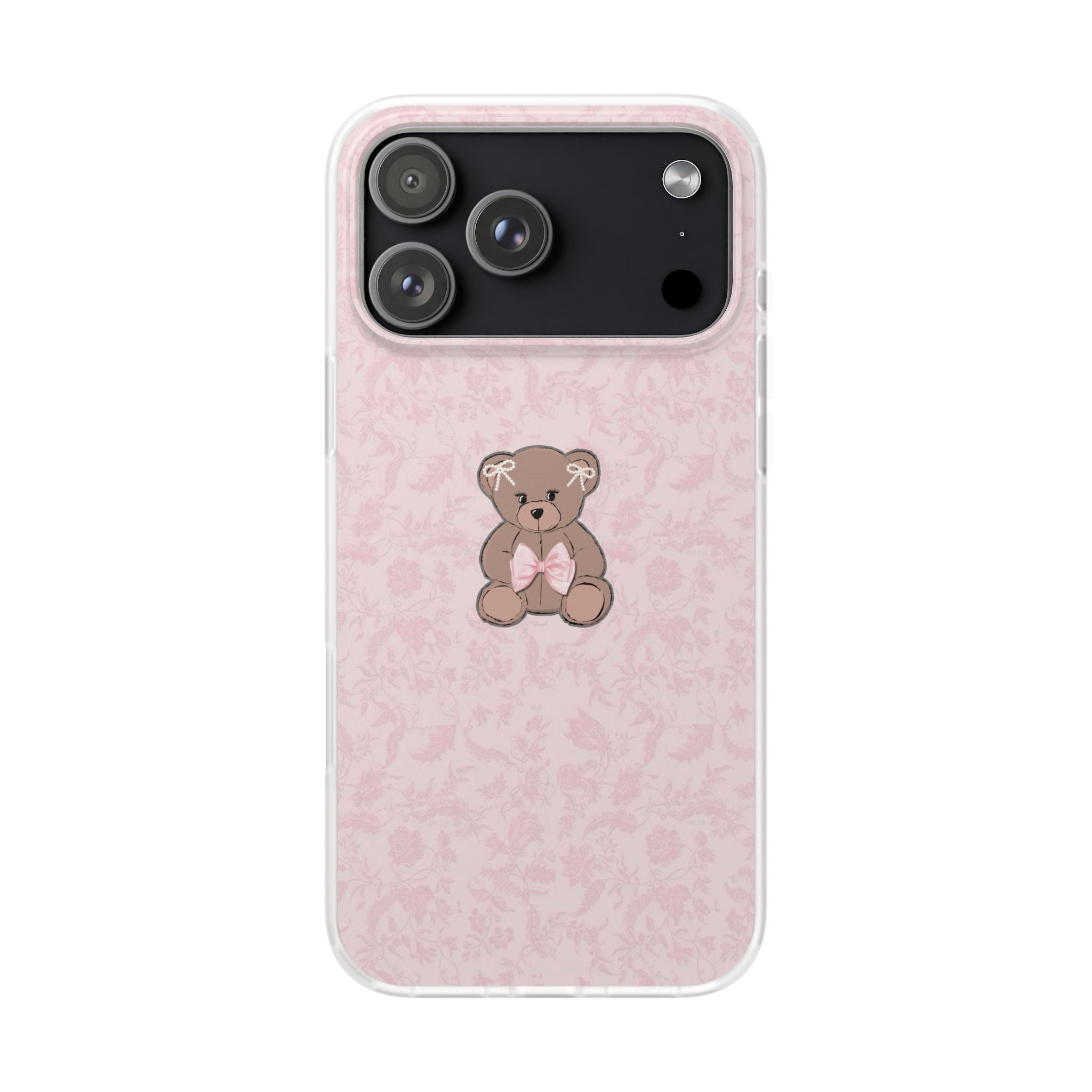 Cute Pink Teddy Bear Phone Case — Floral Pattern Flexible iPhone Cover