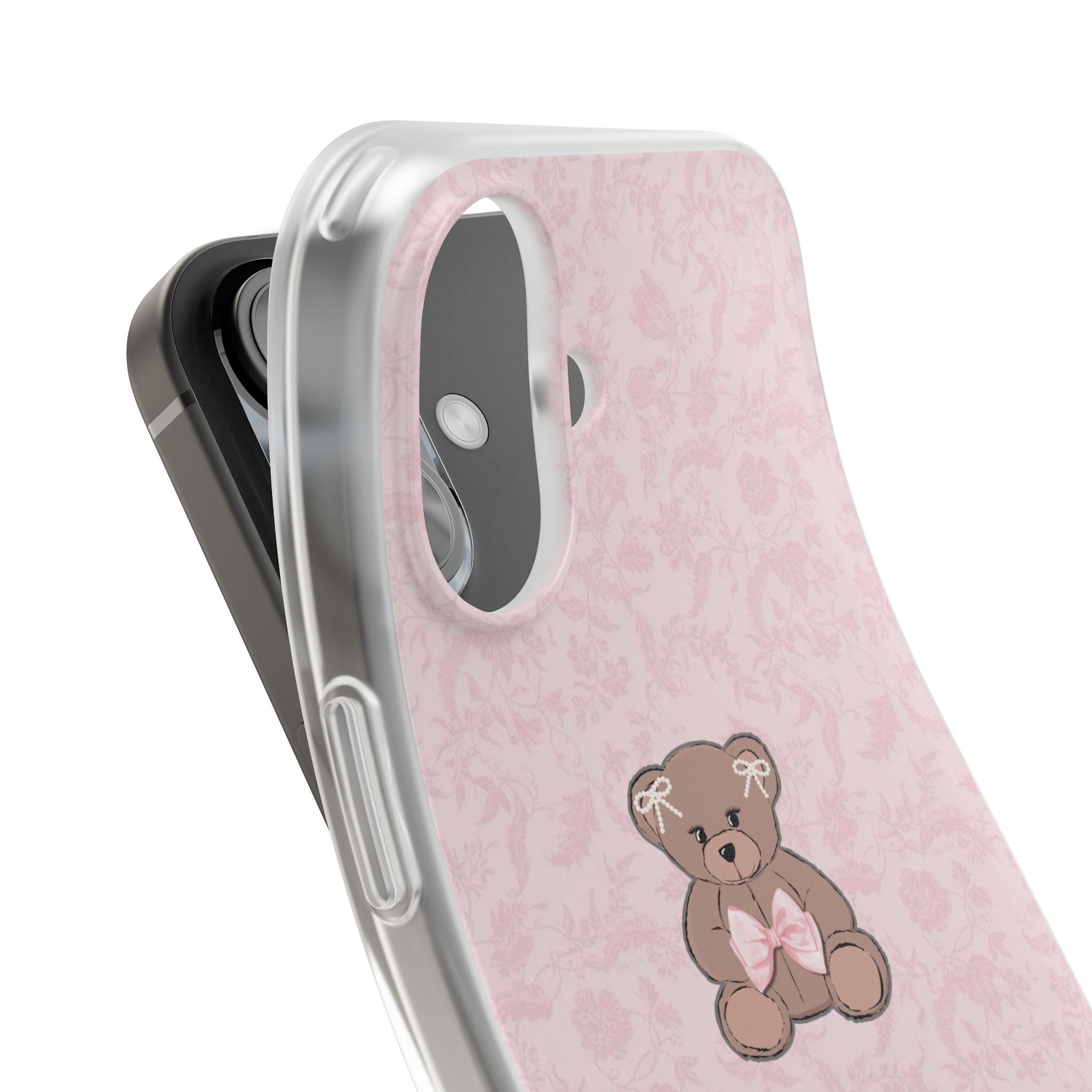Cute Pink Teddy Bear Phone Case — Floral Pattern Flexible iPhone Cover