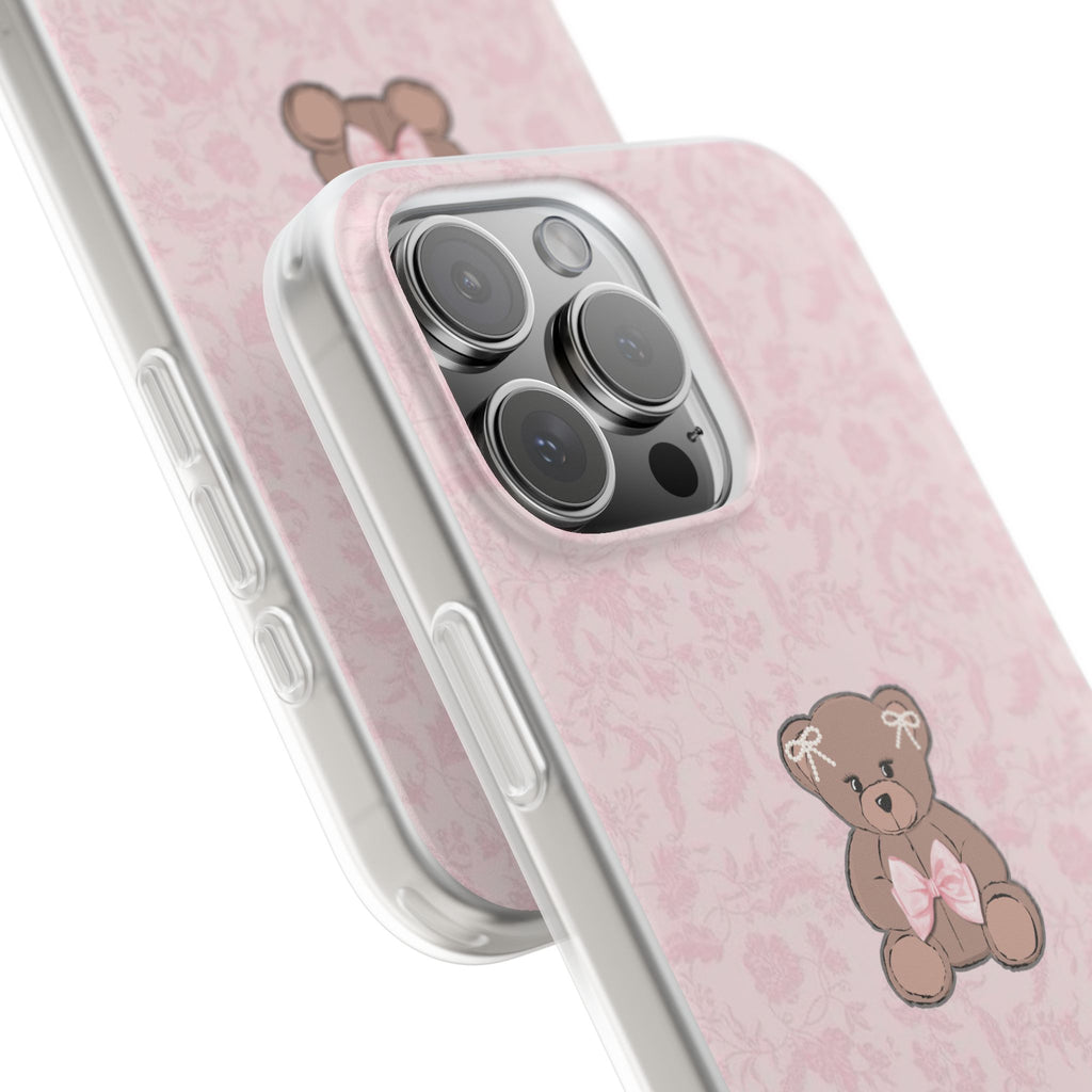 Cute Pink Teddy Bear Phone Case — Floral Pattern Flexible iPhone Cover