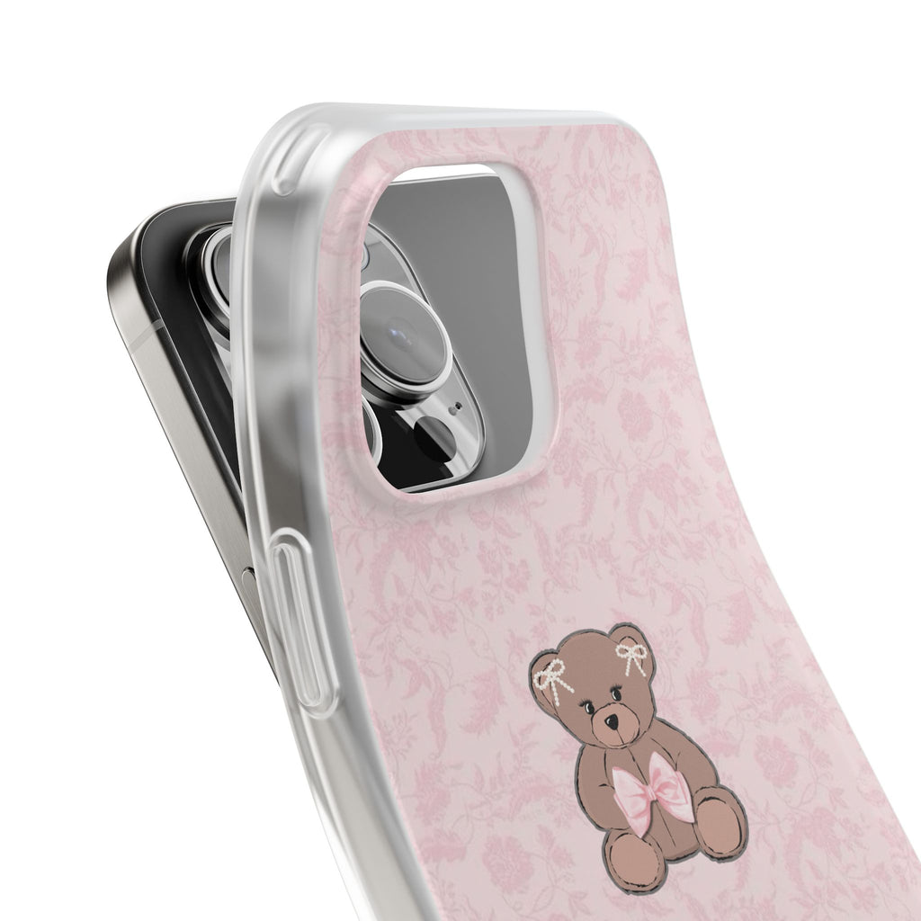 Cute Pink Teddy Bear Phone Case — Floral Pattern Flexible iPhone Cover