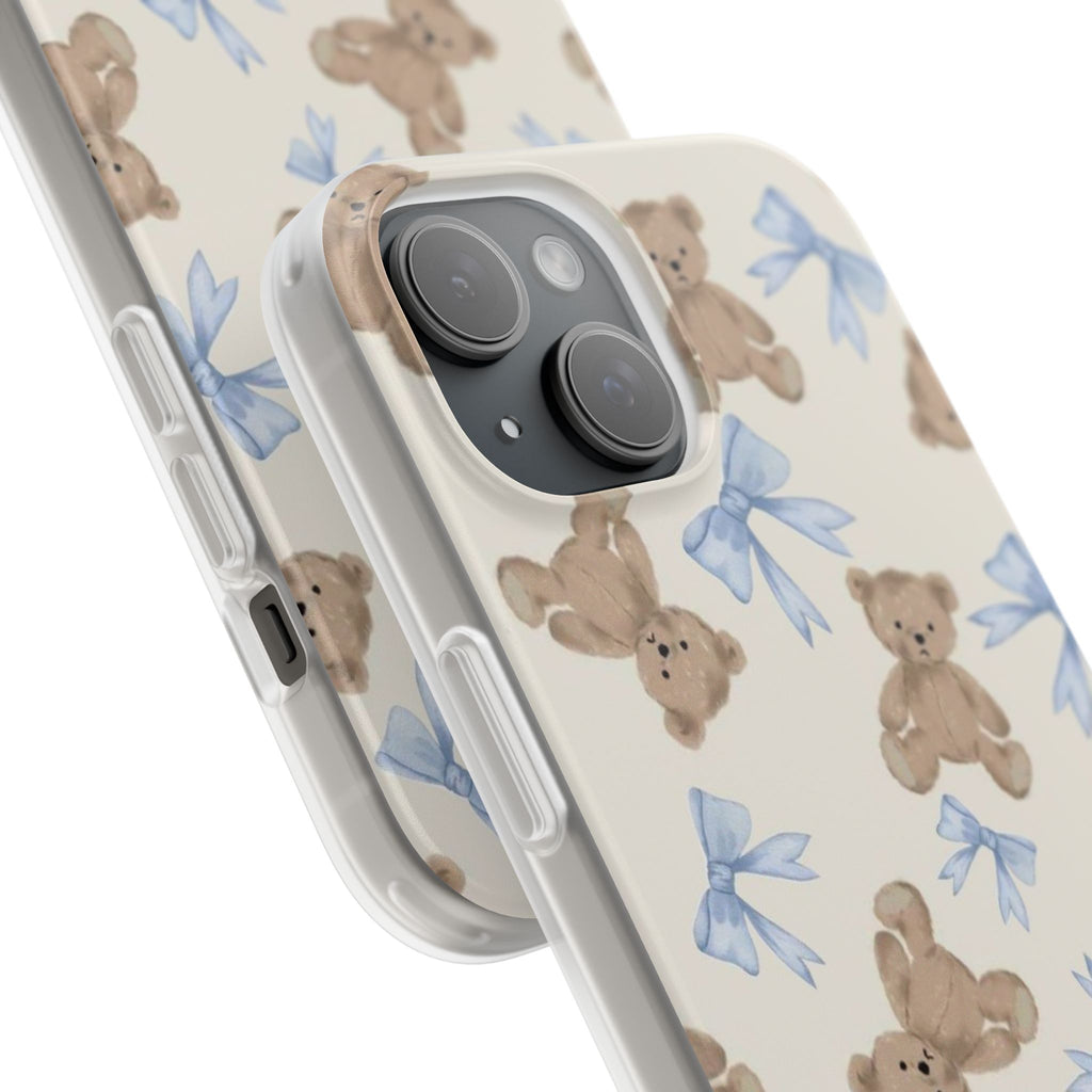 Teddy Bear Pattern Phone Case — Cute Blue Bow Baby Shower Gift