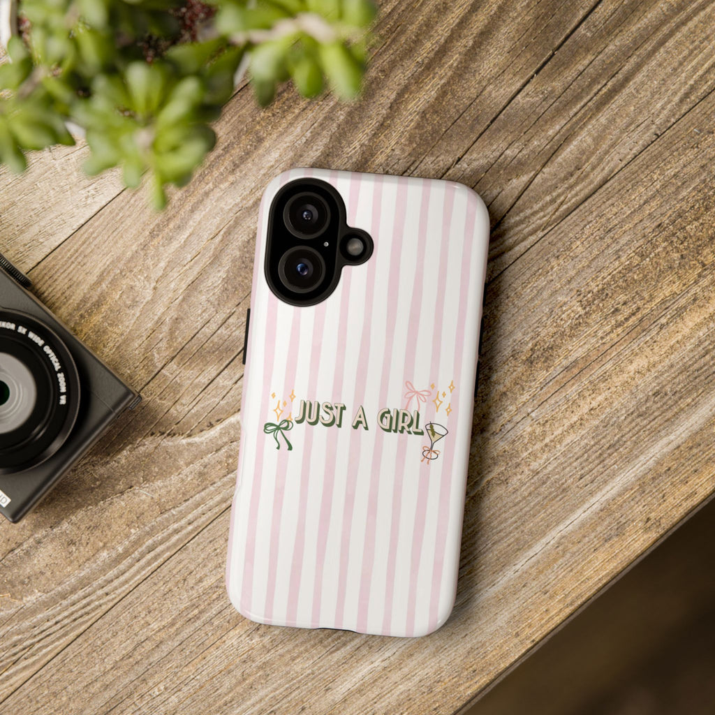 Phone Case — “Just A Girl” Pink Striped Protective Case