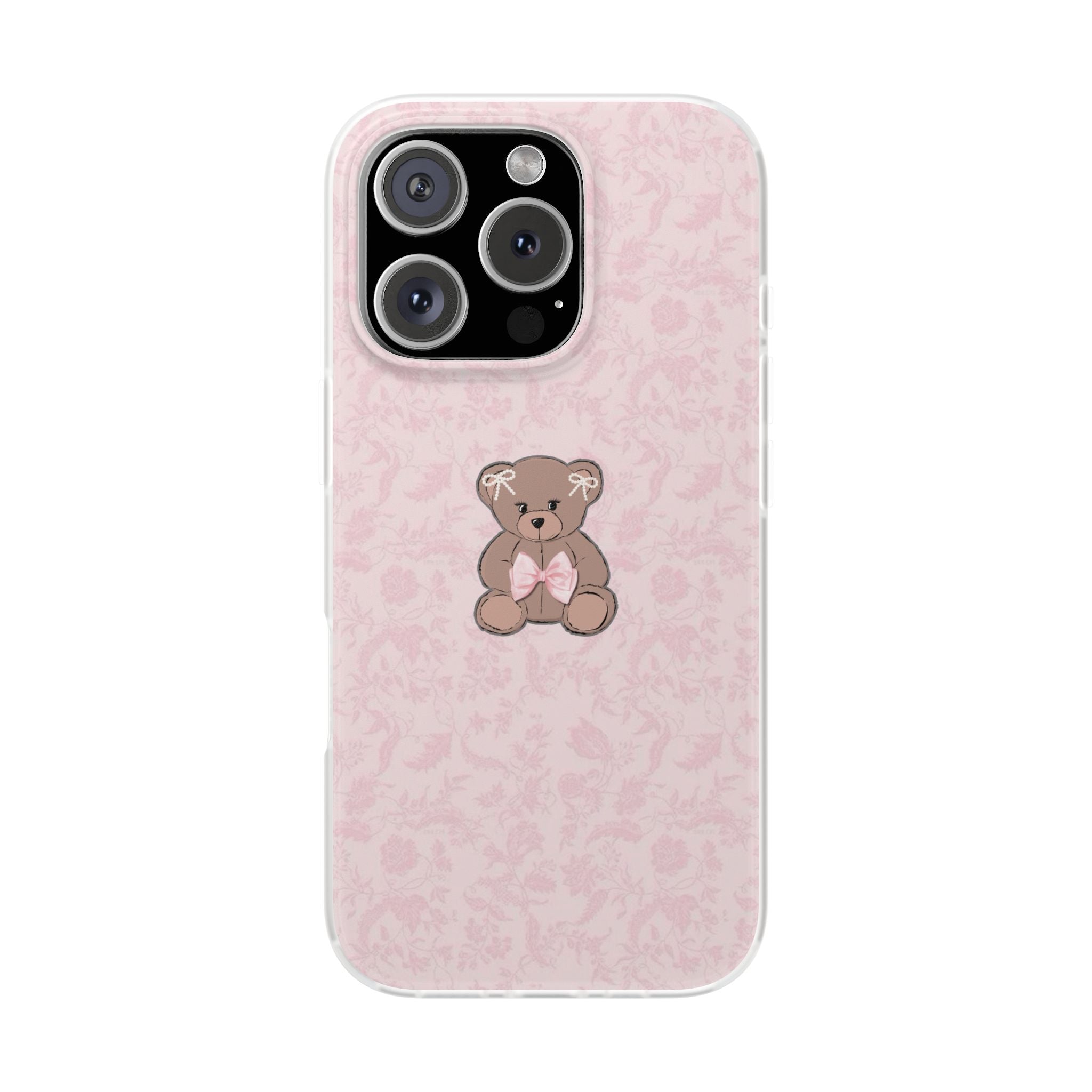 Cute Pink Teddy Bear Phone Case — Floral Pattern Flexible iPhone Cover
