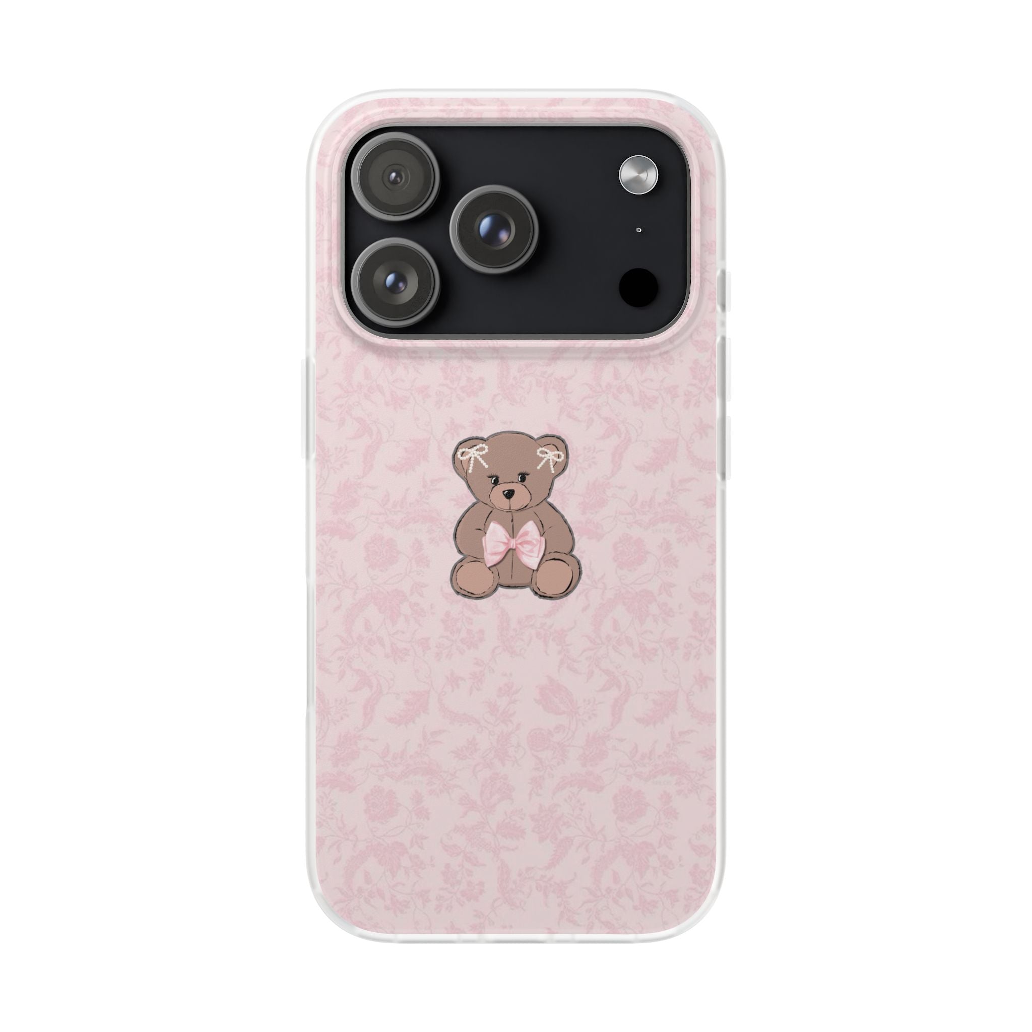 Cute Pink Teddy Bear Phone Case — Floral Pattern Flexible iPhone Cover