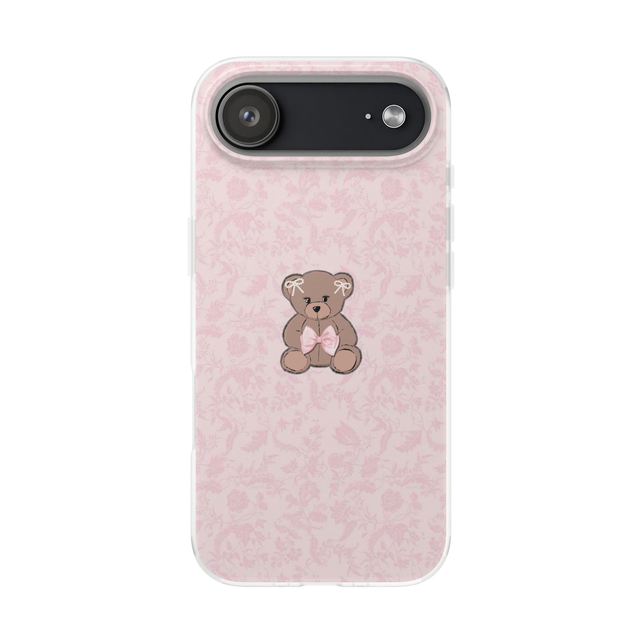 Cute Pink Teddy Bear Phone Case — Floral Pattern Flexible iPhone Cover